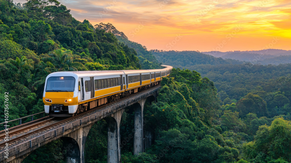 Fototapeta premium train cruising through lush green hills at sunset, creating serene view