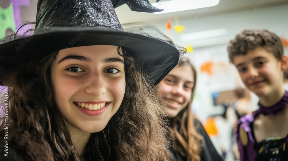 Girl wearing a witch hat is smiling at the camera Girl wearing a witch hat is smiling at the camera