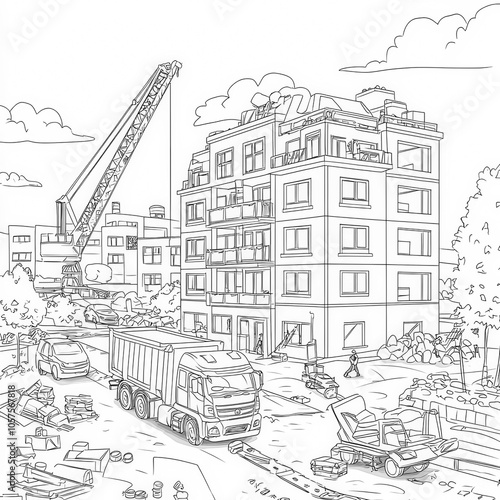 Wallpaper Mural A busy construction site with trucks and workers, coloring page for kids, simple outline illustration. Coloring book, simple lines. Torontodigital.ca