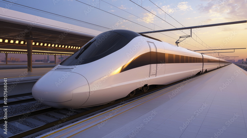 High speed train at modern station during sunset, showcasing sleek design High speed train at modern station during sunset, showcasing sleek design