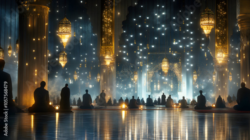 serene night scene of mosque illuminated by decorative lights, creating peaceful atmosphere photo