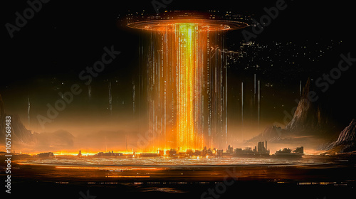 A dramatic scene depicting a massive energy beam descending from the sky onto a dark, desolate landscape, creating a sense of apocalyptic destruction and sci-fi fantasy