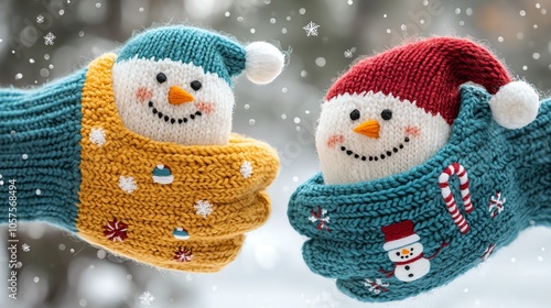 Pair of Christmas gloves with tiny snowmen and holiday patterns, cozy for winter photo