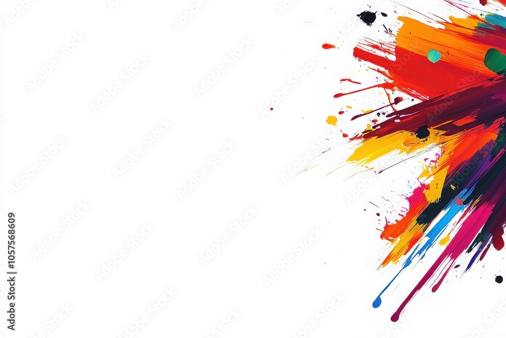 Naklejka premium This artwork features a dynamic explosion of vibrant paint splashes in various colors, creating a lively contrast against a clean white backdrop, showcasing creativity and artistic expression.