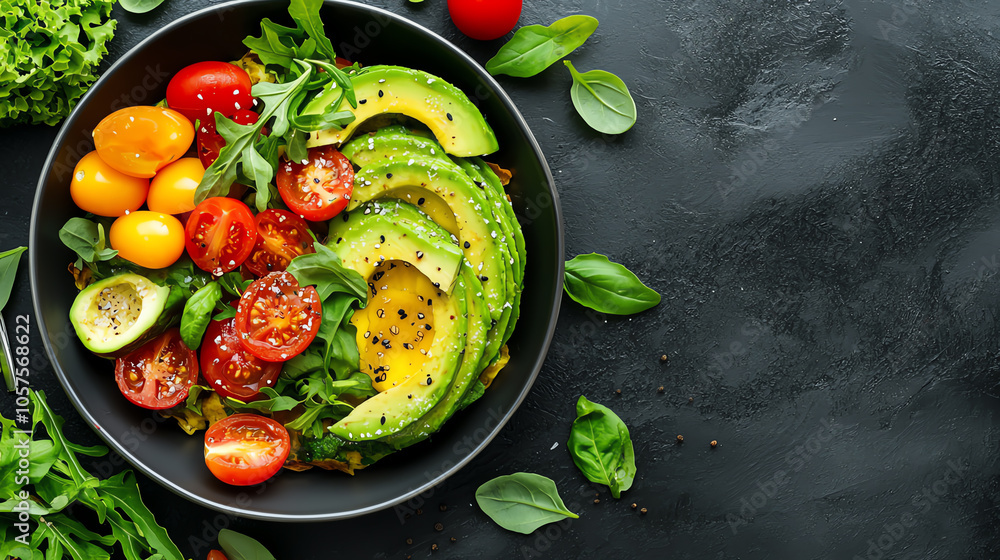 Delicious and healthy omelette bowl with fresh avocado slices and cherry tomatoes for a nutritious meal Delicious and healthy omelette bowl with fresh avocado slices and cherry tomatoes for a nutritious meal