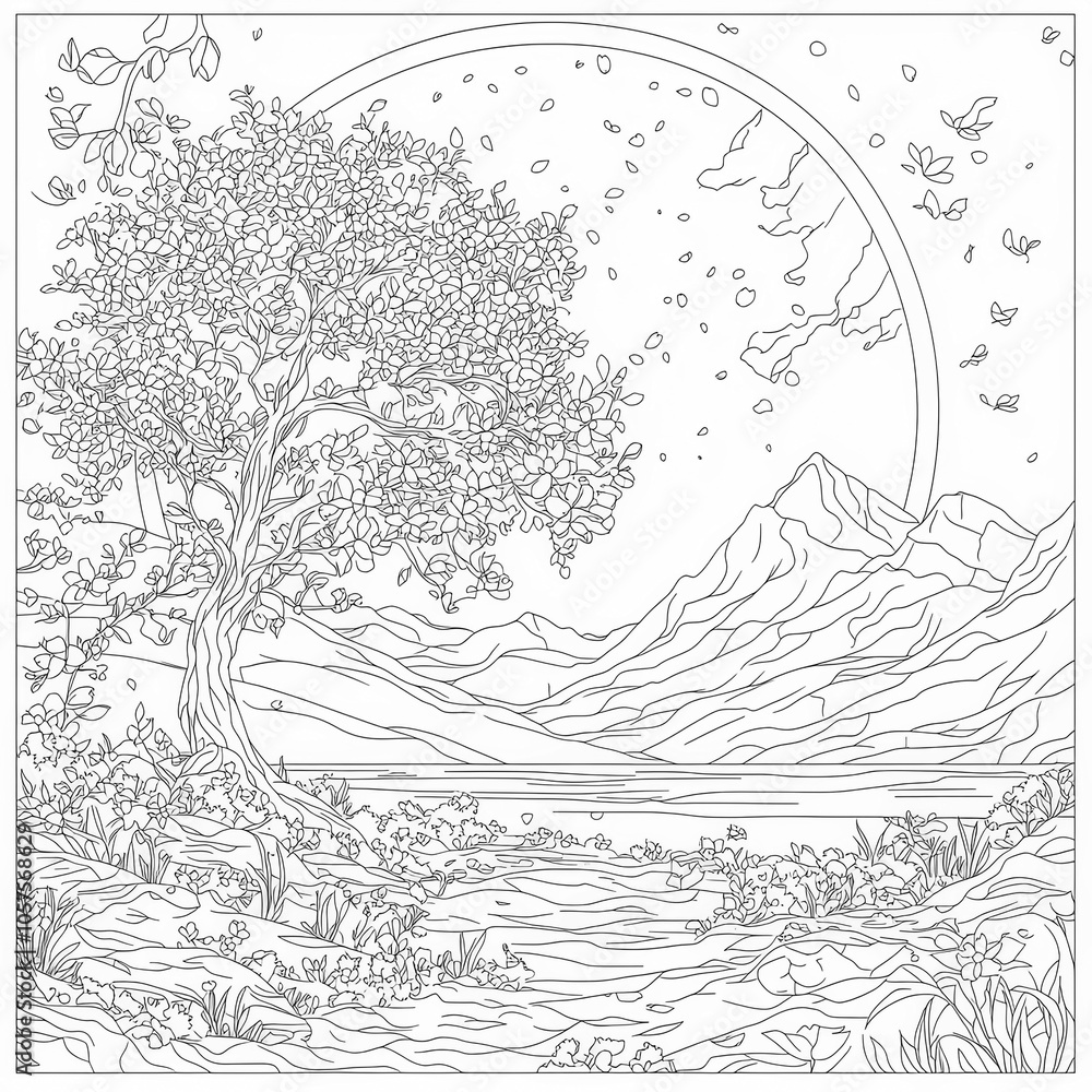 Fototapeta premium A magical cherry blossom tree with fairies around it, anime coloring page for kids, simple outline illustration. Coloring book, simple lines.