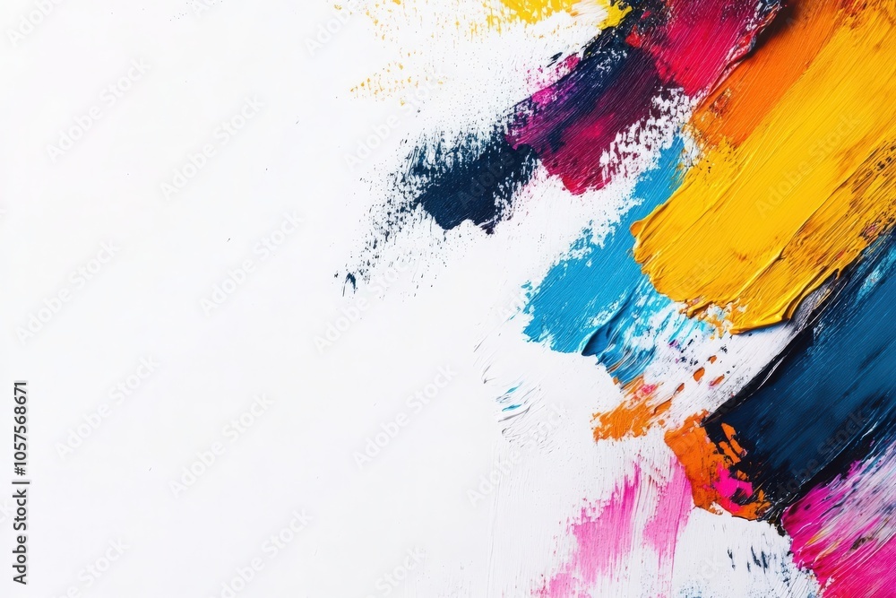 Colorful paint splashes in vibrant hues of yellow, pink, blue, and black create an abstract design on a pristine white background, showcasing the beauty of artistic expression and creativity. Colorful paint splashes in vibrant hues of yellow, pink, blue, and black create an abstract design on a pristine white background, showcasing the beauty of artistic expression and creativity.
