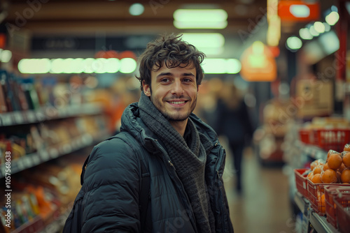 A man with curly hair is smiling at the camera while standing in a grocery store