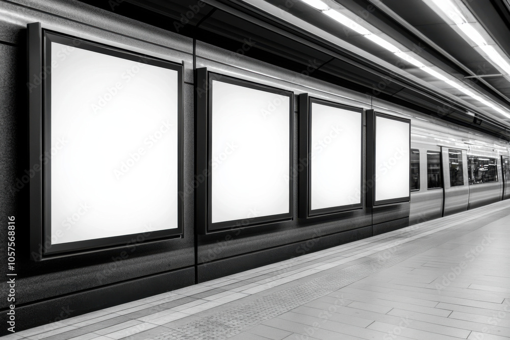 Empty billboards in subway station, showcasing modern urban environment. sleek design and clean lines create minimalist aesthetic Empty billboards in subway station, showcasing modern urban environment. sleek design and clean lines create minimalist aesthetic