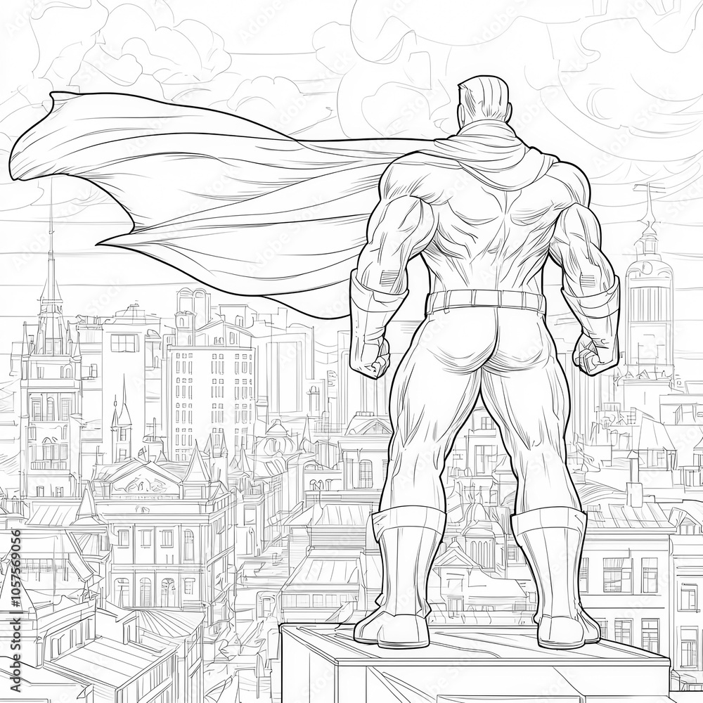 A superhero saving the day in a city, coloring page for kids, simple outline illustration. Coloring book, simple lines. A superhero saving the day in a city, coloring page for kids, simple outline illustration. Coloring book, simple lines.