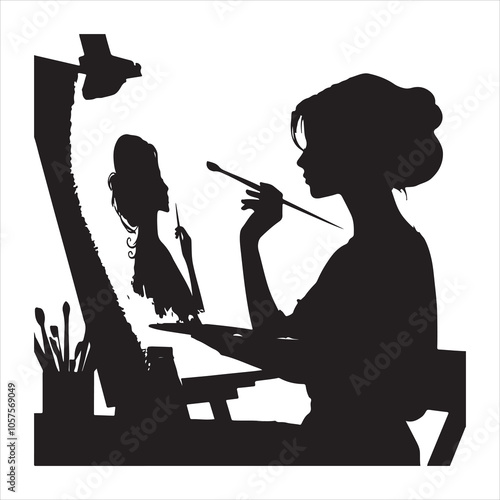 Minimalist silhouette of a painter creating art on a canvas on a white background 