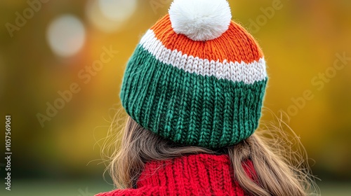 Red and green plaid knit hat with a soft white pompom, festive and cozy photo