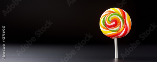 Bright Colorful Swirled Lollipop on Black Background, Tempting Sweetness and Enjoyment Depiction with Bold Spirals, Candy Treat Concept