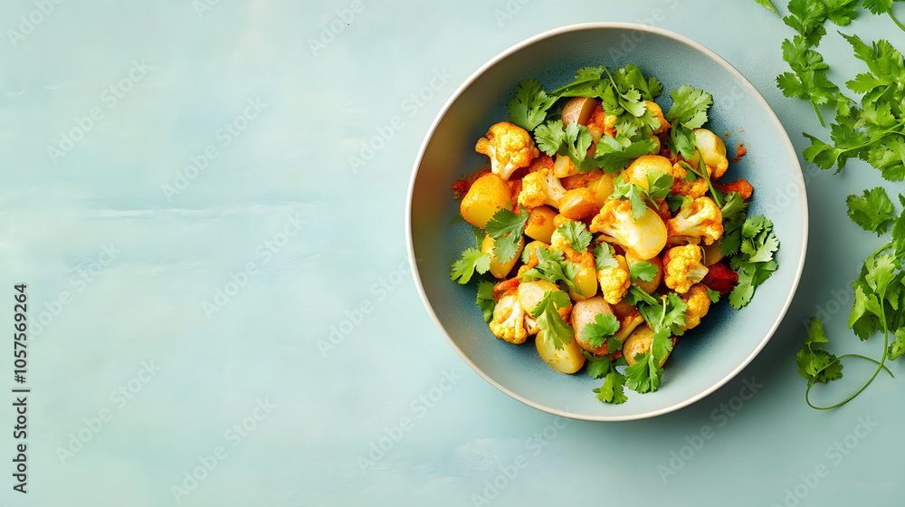 Colorful plate of Aloo Gobi with potatoes, cauliflower, and fresh cilantro Colorful plate of Aloo Gobi with potatoes, cauliflower, and fresh cilantro