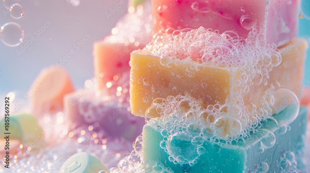 Handmade soap bars in pastel colors with bubbles Close-up photo with clean background