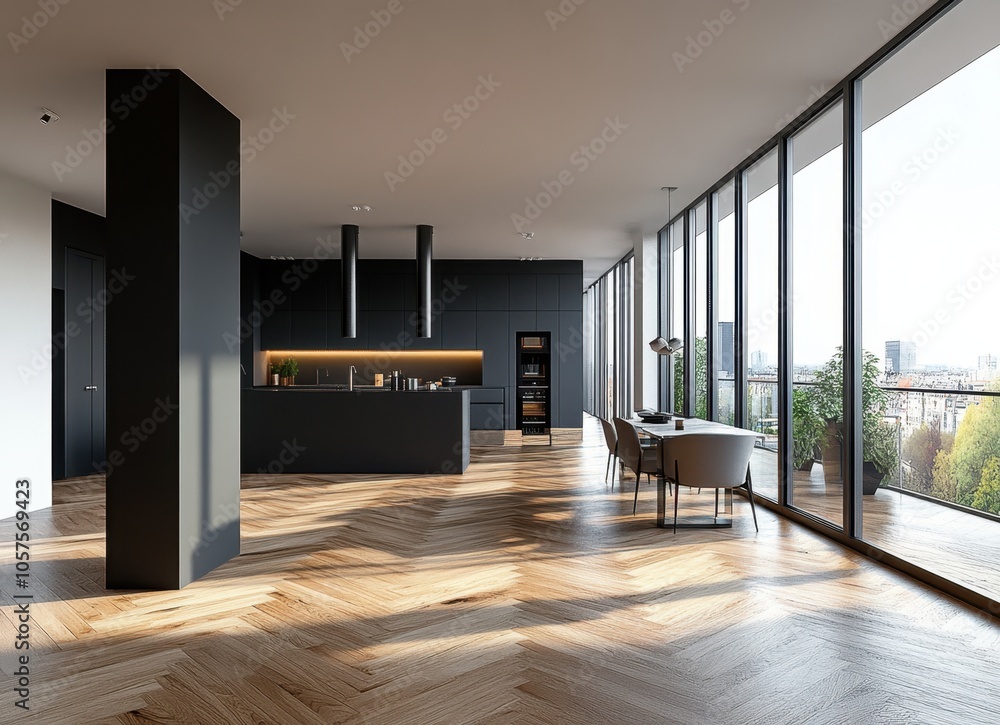 Fototapeta premium A large open kitchen with a dining table and chairs. The kitchen has a black countertop and a black oven