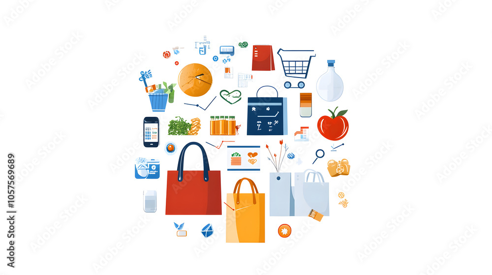 Shopping icons and symbols, including bags, carts, and products, create vibrant collage Shopping icons and symbols, including bags, carts, and products, create vibrant collage