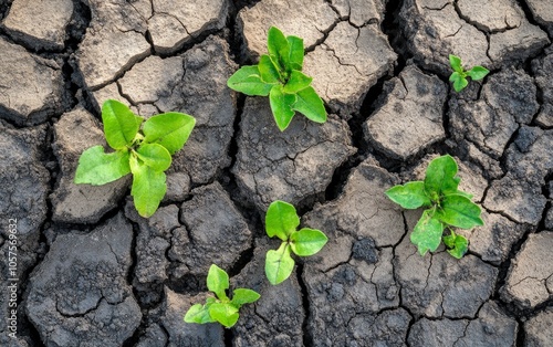 Green plants emerging from cracked soil, symbolizing resilience in arid conditions. photo