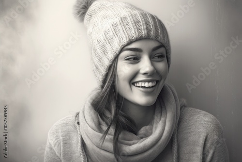 Portrait of a cheerful woman in her 20s dressed in a warm ski hat isolated on bare monochromatic room photo