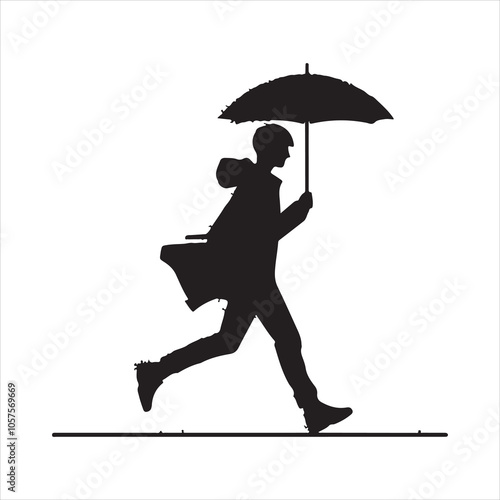 Minimalist silhouette of a rain-jacketed figure in motion on a white background 