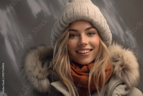 Portrait of a cheerful woman in her 20s dressed in a warm ski hat in front of bare monochromatic room photo