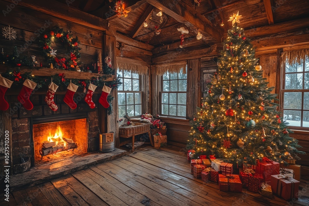Cozy Christmas scene with old wooden wall, large decorated tree surrounded by presents, and stockings hanging from the ceiling, warmed by a lit fireplace. Cozy Christmas scene with old wooden wall, large decorated tree surrounded by presents, and stockings hanging from the ceiling, warmed by a lit fireplace.