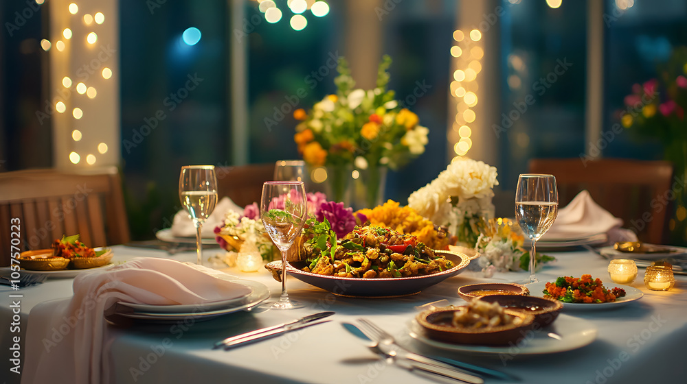 elegant dining table set for Diwali feast, featuring vibrant dishes and floral decor elegant dining table set for Diwali feast, featuring vibrant dishes and floral decor