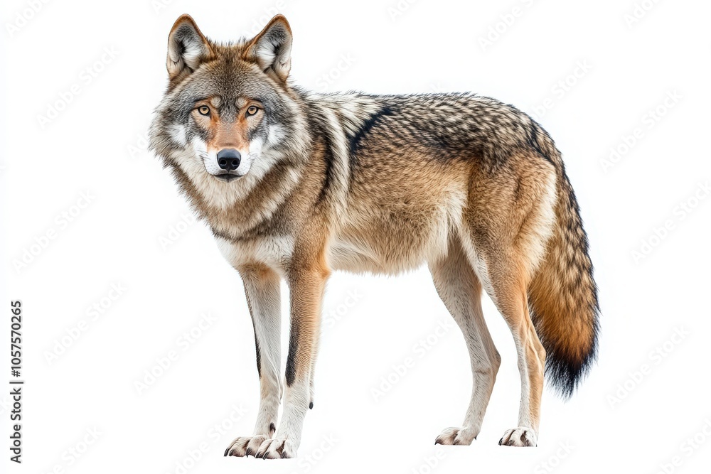 Obraz premium In a bright setting, a lone wolf stands prominently, displaying its thick fur coat and sharp features. The animals intense gaze reflects its majestic and wild nature.