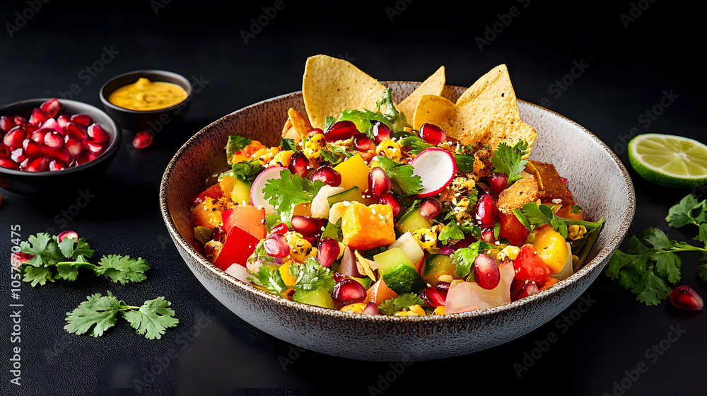vibrant Indian salad with mixed vegetables, pomegranate, and chips vibrant Indian salad with mixed vegetables, pomegranate, and chips