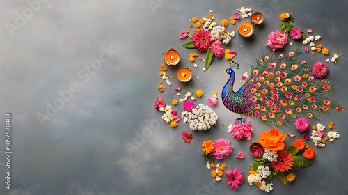 vibrant rangoli design featuring peacock surrounded by flowers and candles photo