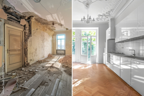 Renovation concept  split screen image of old vintage destroyed apartment before and Rustic Interior Design Style after refurbishment.
