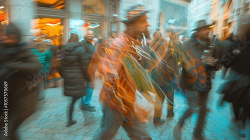 The energetic blur of street performers draws in an intrigued audience.