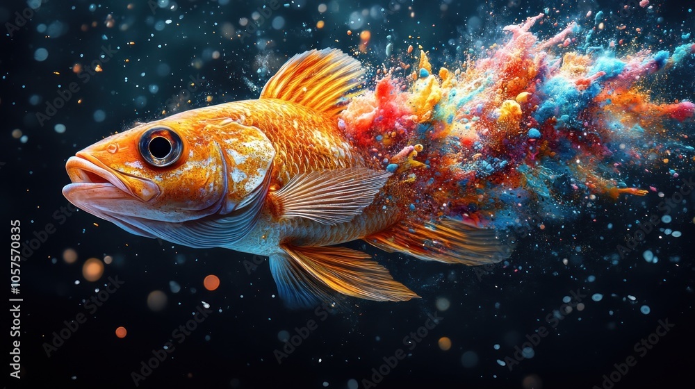 A vibrant goldfish swimming through a colorful burst of energy. A vibrant goldfish swimming through a colorful burst of energy.
