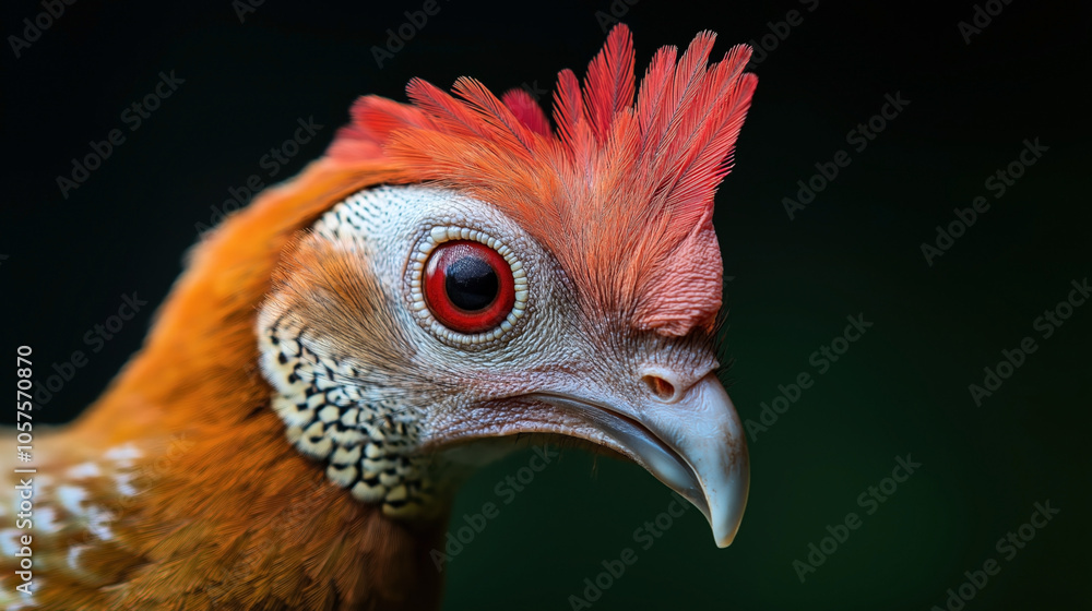 Close-up view of a vibrant bird with red and orange plumage and a distinct red crest, focused beak, and intricate feather details against a dark background. Close-up view of a vibrant bird with red and orange plumage and a distinct red crest, focused beak, and intricate feather details against a dark background.