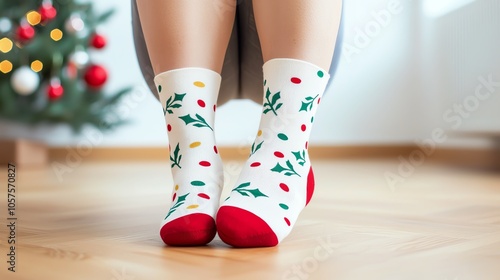 Warm socks with mistletoe prints, lying on a holidaydecorated wooden floor photo