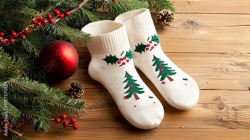 Warm socks with mistletoe prints, lying on a holidaydecorated wooden floor photo