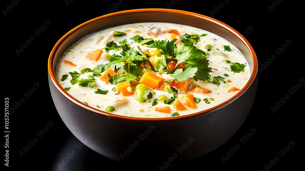 bowl of mixed vegetable raita with yogurt, garnished with fresh herbs bowl of mixed vegetable raita with yogurt, garnished with fresh herbs