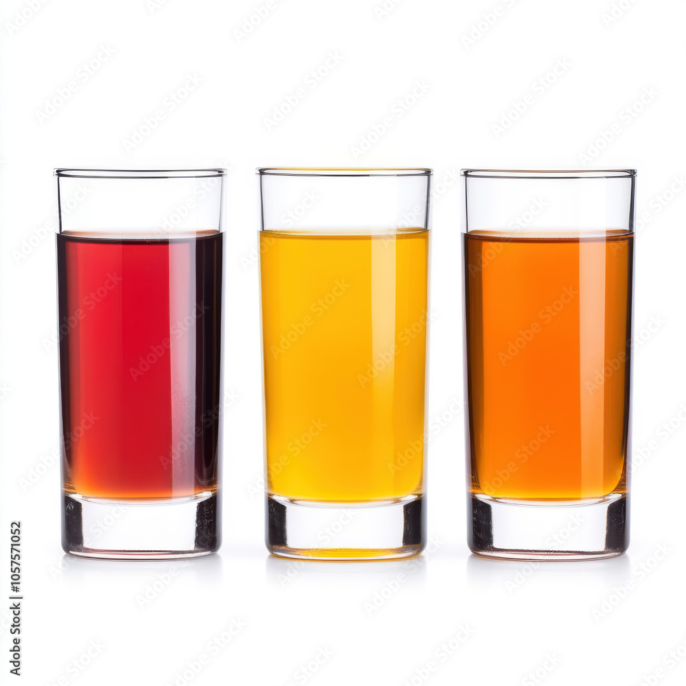 Refreshing drinks in clear glasses showcase vibrant colors red, yellow, and orange. Perfect for summer gatherings or parties, these beverages add lively touch to any occasion Refreshing drinks in clear glasses showcase vibrant colors red, yellow, and orange. Perfect for summer gatherings or parties, these beverages add lively touch to any occasion