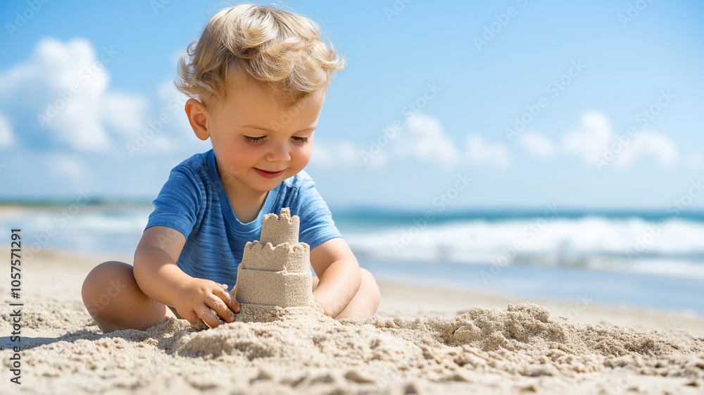 Young child building sandcastle on beach during summer vacation, enjoying the sun and waves Young child building sandcastle on beach during summer vacation, enjoying the sun and waves
