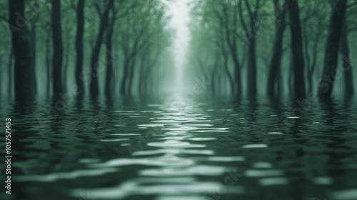 Misty forest trail submerged under tranquil floodwaters, creating serene atmosphere