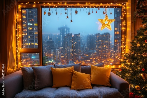 Cozy sofa with yellow and grey pillows  surrounded by string lights and a decorated tree  offering a festive city view at night during Christmas.
