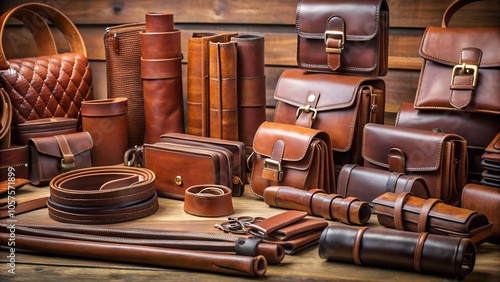 Leather products collection including bags, wallets, and belts on wooden background