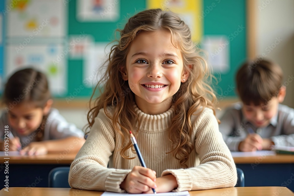Smiling Girl Writing in Classroom - Capturing the Joy of Childhood Learning and Education in a Diverse Classroom Setting Smiling Girl Writing in Classroom - Capturing the Joy of Childhood Learning and Education in a Diverse Classroom Setting