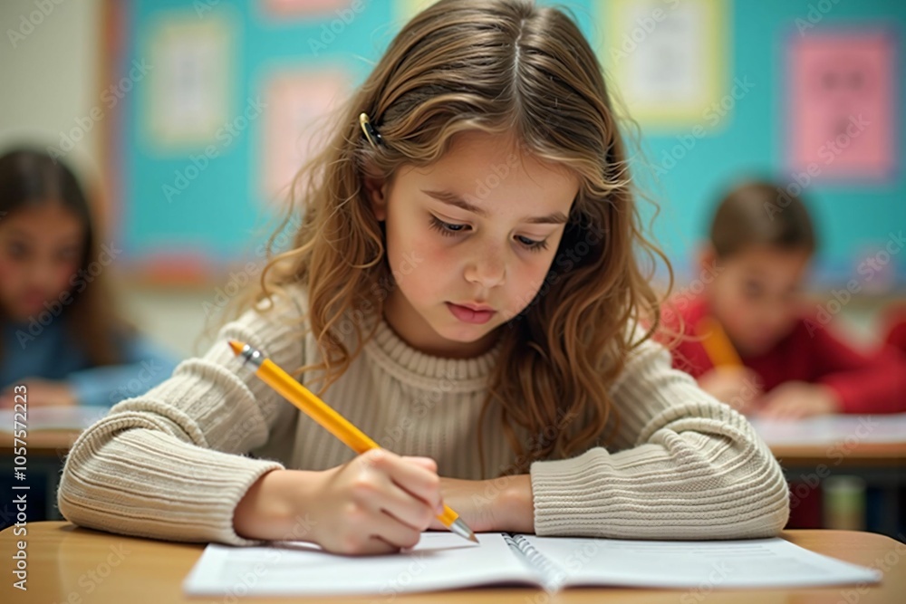 Smiling Girl Writing in Classroom - Capturing the Joy of Childhood Learning and Education in a Diverse Classroom Setting Smiling Girl Writing in Classroom - Capturing the Joy of Childhood Learning and Education in a Diverse Classroom Setting