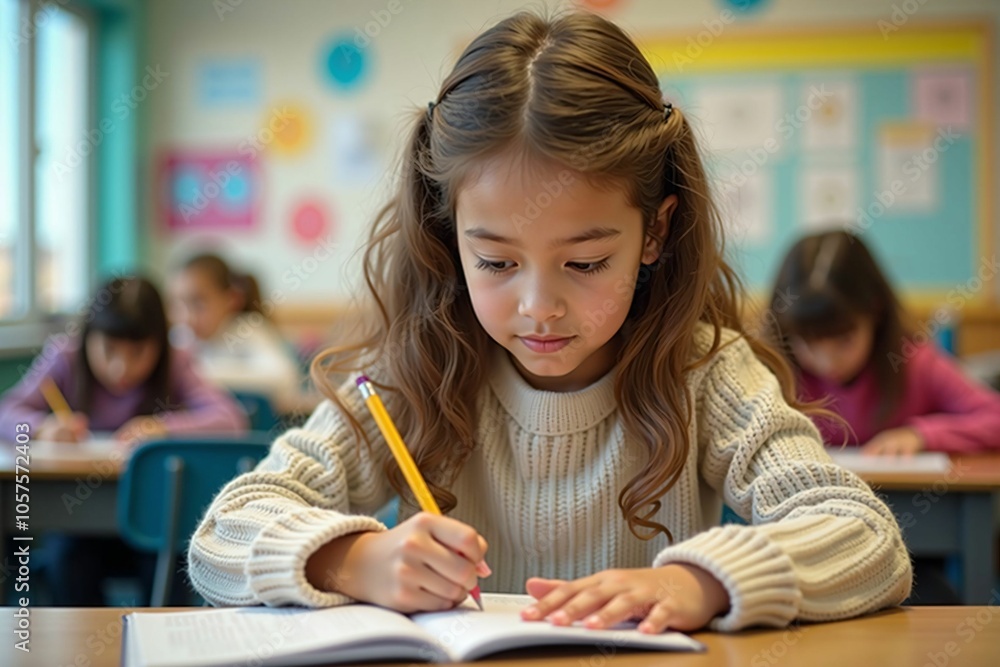 Joyful Young Girl Writing in a Multicultural Classroom - Embracing the Spirit of Learning and Friendship Joyful Young Girl Writing in a Multicultural Classroom - Embracing the Spirit of Learning and Friendship