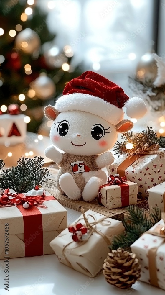 Cute Christmas Sheep Toy with Gifts and Pine Branches Cute Christmas Sheep Toy with Gifts and Pine Branches