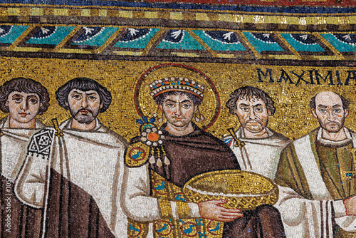 Detail of Justinian Mosaic in the chancel of San Vitale Basilica, Ravenna, Ravenna Province, Italy photo