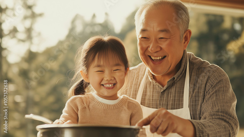 Grandfather and granddaughter sharing a laugh while cooking outdoors in matching aprons