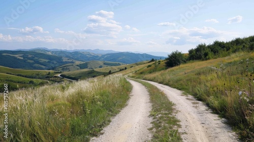 Peaceful mountain road, rolling hills, clear summer skies, Close-up photo with clean background