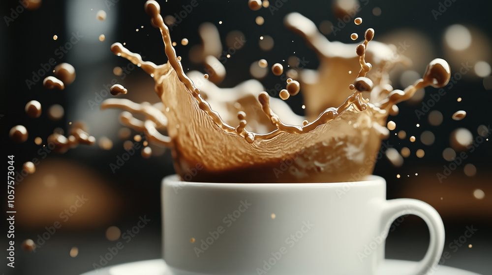 Φωτογραφία High-speed photograph of coffee splashing out of a white ceramic cup with droplets suspended in mid-air against a blurred dark background